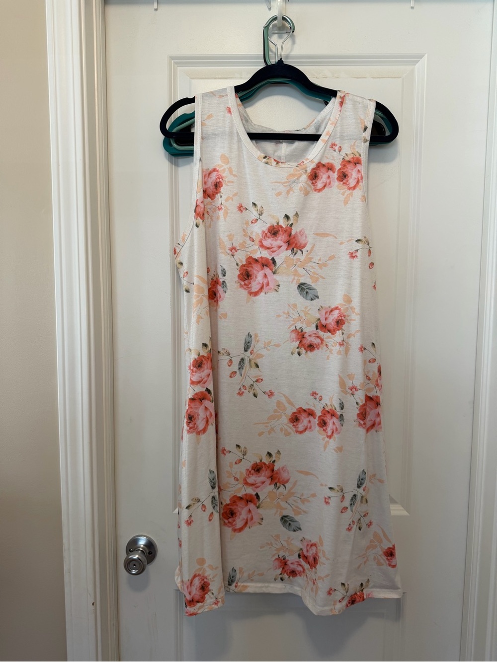 Sleeveless Floral Midi Dress in White with Coral Pink Roses